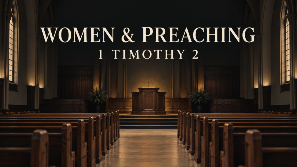 Empty church sanctuary with wooden pews and a pulpit, featuring the text “Women & Preaching: 1 Timothy 2.