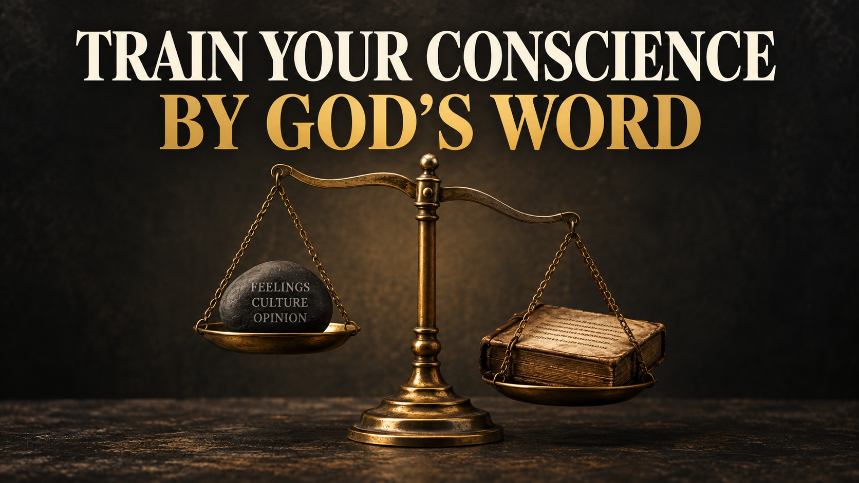 Antique balance scale showing Scripture outweighing feelings, culture, and personal opinion, with the text “Train Your Conscience by God’s Word.