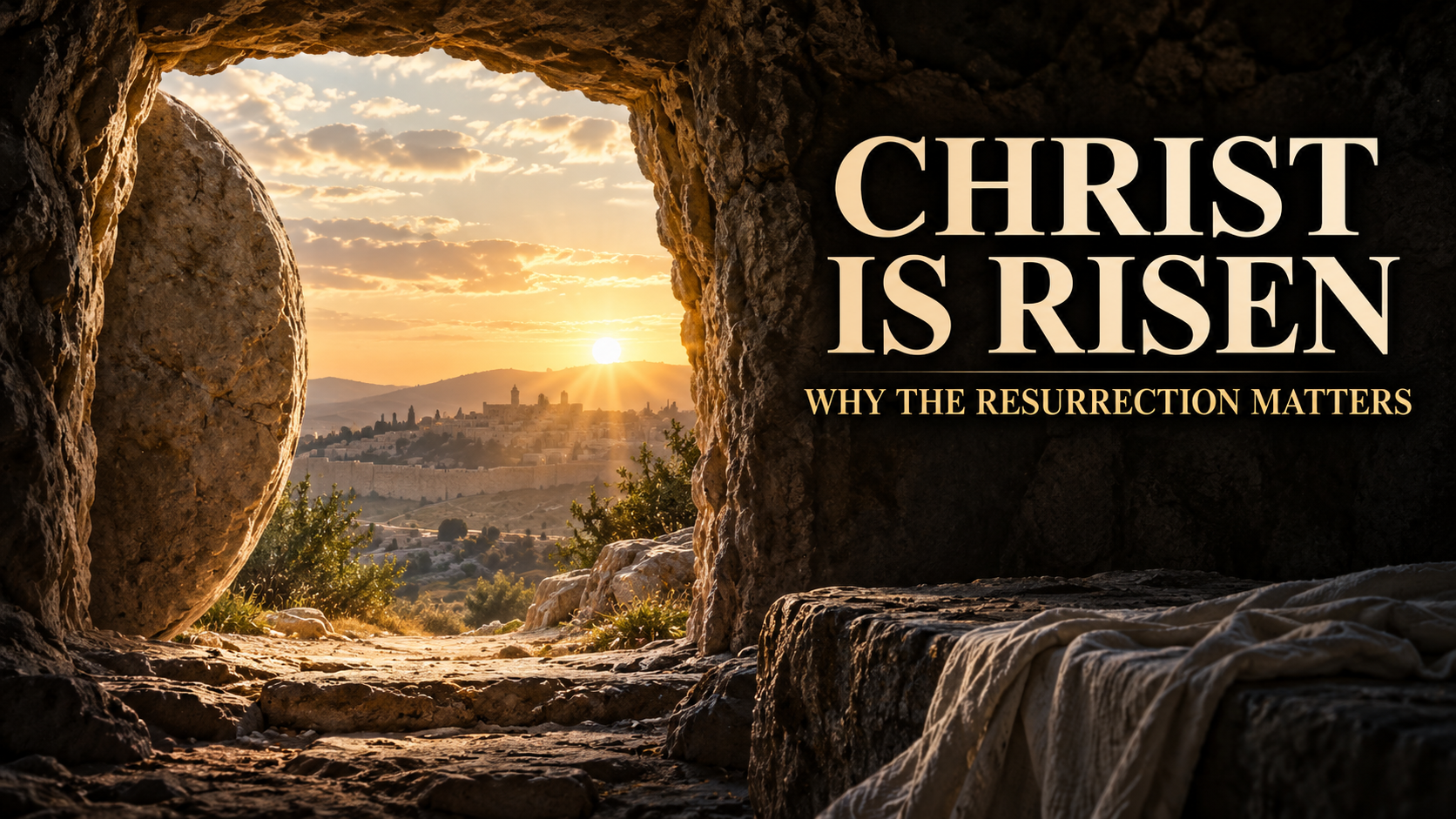 Empty stone tomb at sunrise with the text “Christ Is Risen: Why the Resurrection Matters.
