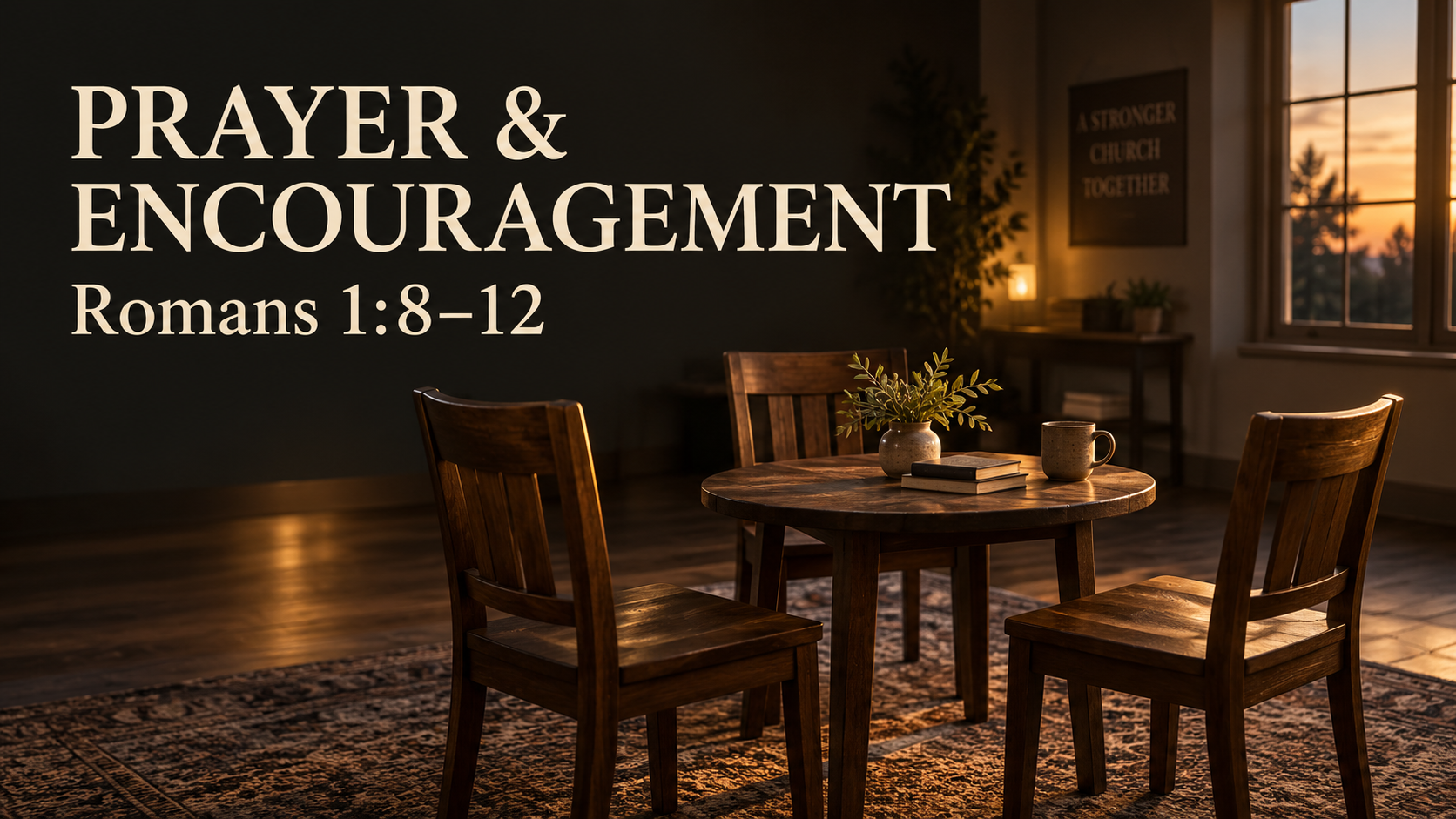 Three wooden chairs around a table in a warmly lit church fellowship space, representing prayer and mutual encouragement in Romans 1:8–12.