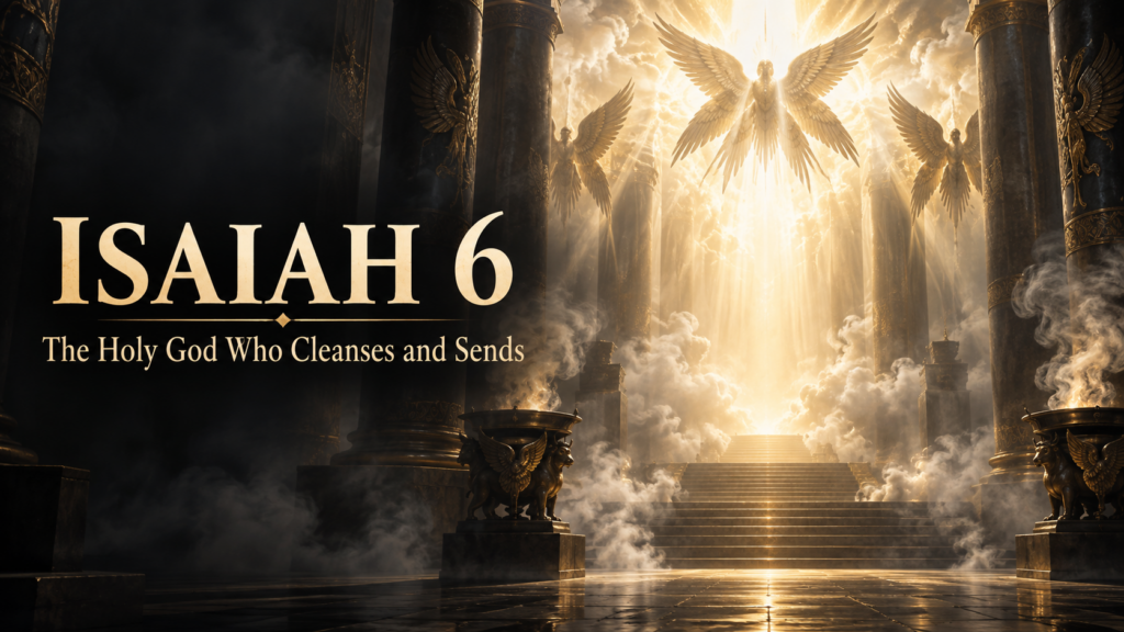 Isaiah 6: The Holy God Who Cleanses and Sends 1 Radiant heavenly temple scene with seraphim, representing God’s holiness and glory in Isaiah 6.