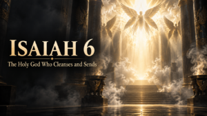 Radiant heavenly temple scene with seraphim, representing God’s holiness and glory in Isaiah 6.